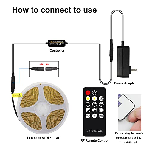 AXMOTUT COB LED Strip Light Warm White, High Bright LED Strips with 2400LEDs, RF Remote and UL Power Supply, 3000K Dimmable LED Lights for Bedroom, Kitchen, DIY Home Decoration - color: Warm White 3000K, size: 16.4FT