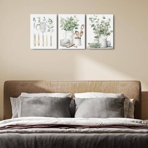 3 Pcs Botanical Plant Canvas Wall Art, Aesthetic Boho Wall Decor Framed Prints for Bedroom Living Room Decor, Sage Green Eucalyptus Leaf Tableware Prints for Office, Housewarming Gifts 11.5x15 Inch - color: Multi 1365