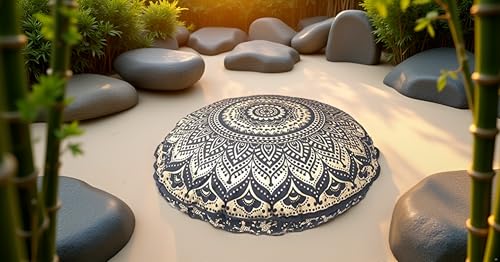 32" Gold Mandala Barmeri Large Floor Pillow Cover Cushion Meditation Seating Ottoman Throw Cover Hippie Decorative Zipped Bohemian Pouf Ottoman Poufs, Pom Pom Pillow Cases (Gold Black, 32 inch Round) - color: Gold Black, size: 32" Round