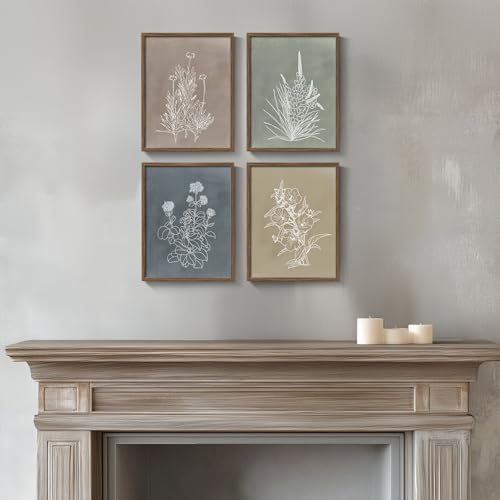 Framed Boho Botanical Wall Art for Bathroom, 4 Piece Rustic Floral Canvas Painting Prints Artwork, Vintage Neutral Flower Pictures for Farmhouse Bedroom Dining Room Kitchen Office Wall Decor, 8x10 In - color: Simple - Walnut Framed, size: 8" W x 10" H x 4