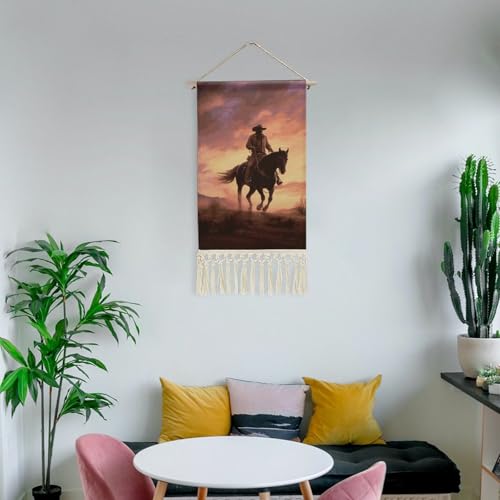 MUSM Boho Wall Hanging with Tassels - 10x19.6 Inch Cotton Linen Tapestry Art Print, Wood Frame & Hanging Rope, Cowboy West Poster for Living Room, Bedroom, Hallway Decor