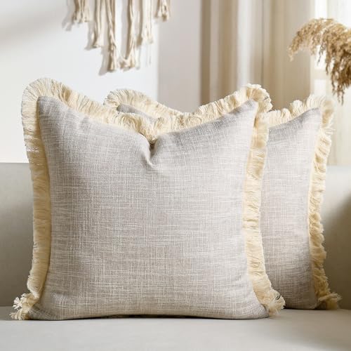 Faux Linen Fringe Decorative Throw Pillow Covers 18x18 Inch Set of 2 Beige Burlap Boho Farmhouse Pillowcases with Tassels Rustic Woven Textured Cushion Cases for Sofa Bed Living Room Home Decor - color: Beige, size: 18" x 18" (Pack of 2)