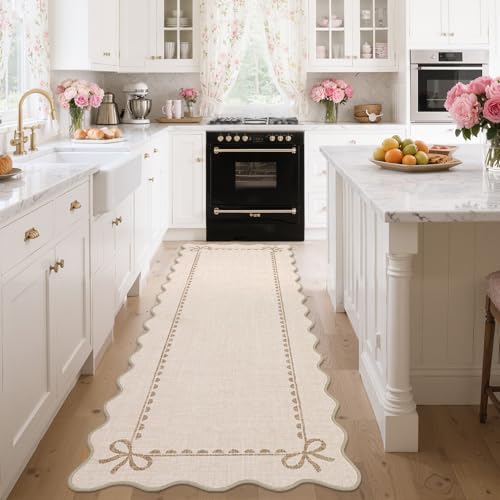 GarveeHome Scalloped Bow Rug for Living Room, Solid Beige Rug for Dorm, Washable Runner Rug 2.5x8 Soft Low Pile Non Slip Scalloped Rugs for Nursery Bedroom Decor Hallway Entryway Playroom - color: Beige, size: 2'6" x 8' (Rectangular)