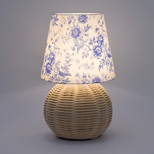 Vintage Small Wicker Lamp, Rattan Body Fabric Lampshade, Adjustable Light Color and Brightness, Power-Off Memory, Safe USB Powered, Boho Style Night Light for Bedroom Living Room (Blue Flowers) - color: Blue Flowers