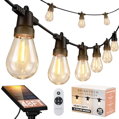Brightech 48 (42+6) FT Ambience Pro Outdoor Solar String Lights - Bright Remote Control Color Adjustable Solar Light - Commercial Grade, 15 Waterproof LED Bulbs for Patios, Camping, Yard, Outside - color: Super Bright +, size: 48 Feet