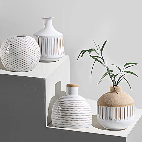 Boho Minimalist Small Ceramic Vase Set of 4 for Bedroom Living Room Office Fireplace Centerpiece Antique White Vintage Farmhouse Rustic Retro Flower Vases Home Decor Gift for Fake Plants - color: Antique