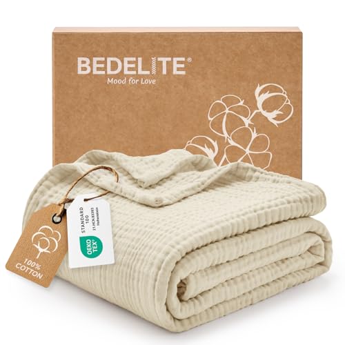 BEDELITE 100% Cotton Muslin Blankets for Adults - 4-Layer Large Throw Breathable and Lightweight Gauze Blanket for Couch, Bed, Travel and Summer, Soft & Cozy Gift for Women, Beige, 50"x70" - color: Beige, size: Throw XL(50"x70")