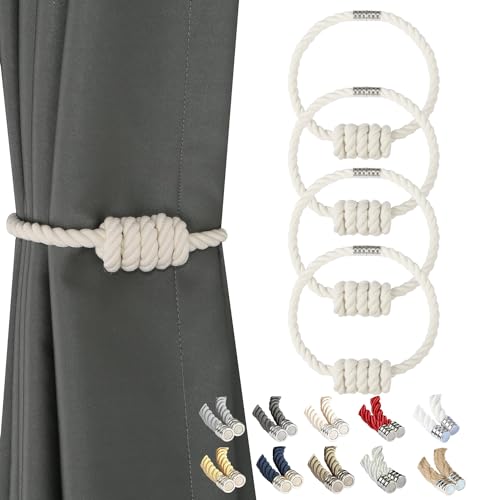 BEL AVENIR Magnetic Cotton Curtain Tiebacks, Decorative Drapery Holdbacks Modern Woven Tie-Backs with Exquisite Knot (Cotton, 4 Pack) - color: Cotton, size: 4 Pack