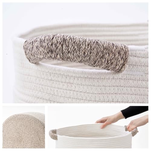 Blanket Basket (16"Dx14"H) - Round Woven Rope Storage for Living Room Throws, Pillows & Laundry - White/Mixed Brown - color: White/Mixed Brown, size: 16" X 16" X 14"