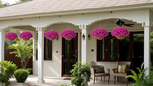 Ammyoo Artificial Hanging Flower Plants with Basket for Outdoor Decoration, Faux Petunias Flowers Fake Morning Glory Planter for Outside Patio Garden Porch Balcony Yard Decor(Fuchsia) - color: Fuchsia