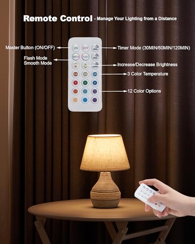 UMEXUS 10” Small Ceramic Cordless Table Lamp with Timer, Dimmer, Linen Shade, Remote Control, Rechargeable Battery Light for Patio Nightstand Kitchen Counter Living Room Side Table, Bulb Included - size: 10"H Mini - Rope accent design