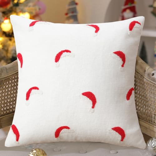 Merrycolor Christmas Pillow Covers18×18Inch Tufted Red and White Christmas Hat Cotton Canvas Holiday Decorative Throw Cushion Cases Suitable for beds, Sofas, and Living Rooms Decor - color: Red White Christmas Hat