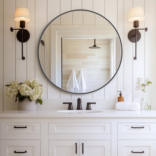 NEWBULIG 30IN Round Bathroom Wall Mirror, Modern Vanity Mirrors for Over Sink, HD Glass Decorative for Entryway, Bedroom & Living Room, Anti-Rust, Tempered Glass, Hanging or Leaning, Black - color: Black, size: 30.1"L x 30"W