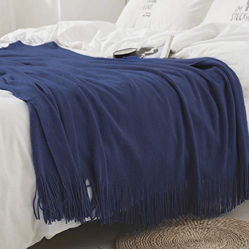 Homiest Decorative Knitted Throw Blanket with Fringe Soft & Cozy Tassel Blanket for Couch Sofa Bed (Navy Blue, 50x60) - color: Navy Blue, size: 50" x 60"