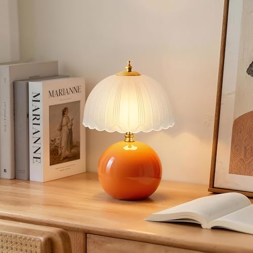 PARTPHONER Mushroom Table Lamp, Ceramic Bedside Lamp with Glass Shade, 3-Way Lighting (2700K-5000K) Rocker Switch, Small Nightstand Lamp for Bedroom, Living Room, Office, Orange - color: Orange
