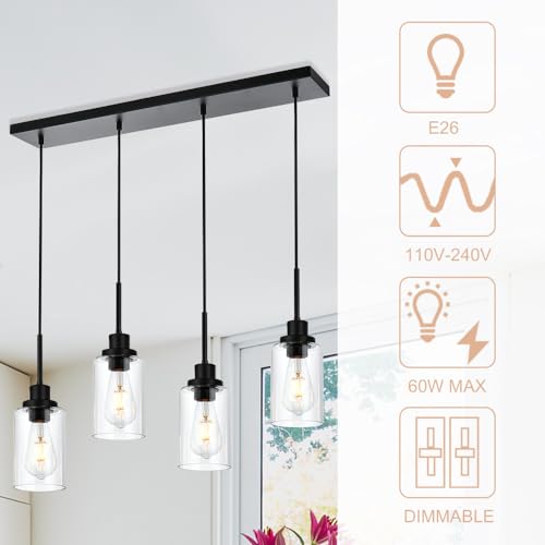 Black Pendant Light Fixtures with Clear Glass, 4-Lights Adjustable Height Hanging Ceiling Lights, Kitchen Island Lighting for Living Room Office Bar Farmhouse - color: Black, size: 4-Light