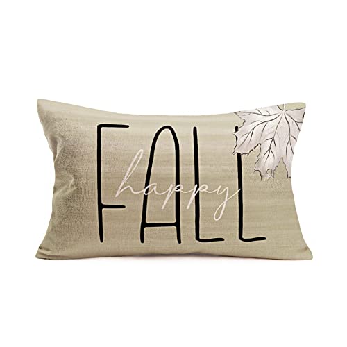 Happy Fall Maple Leaf Throw Pillow Covers 12x20 Inch Autumn Leaves Farmhouse Decorations Pillow Cases Seasonal Greetings Cotton Linen Cushion Cover for Thanksgiving Day - color: Happy Fall Leaves
