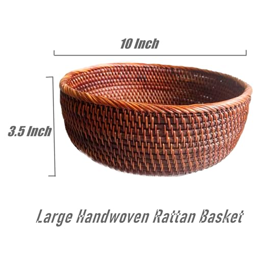 10 Inch Round Rattan Bowl Basket, Handmade Wicker Basket Tray with Scalloped Edge and 4”Deep Wall, Decorative Woven Dark Brown Bread Basket Fruit Bowl Key Holder Table Centerpiece, L - color: L - D9.8 x H3.5 inch
