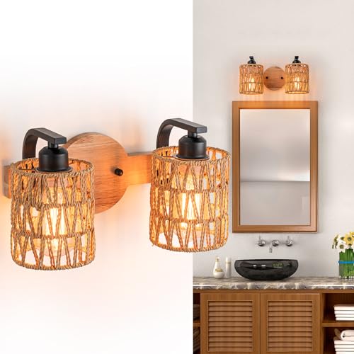 Bathroom Vanity Light Fixtures,2-Light Rattan Bathroom Lighting Fixtures Over Mirror,Farmhouse Wall Sconces Boho Woven Lampshade,Rustic Wall Mounted Wooden Base Wall Light for Bedroom Hallway Stairs - color: 2light-Cylinder shade