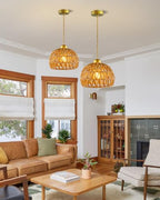 Rattan Pendant Light Fixtures, 7.6” Boho Woven Basket Pendant Light, Handmade Wicker Hanging Lamp, Rustic Wicker Chandelier for Kitchen Island, Dining Room, Living Room, Bedroom, E26 Base - color: 7.67″-Round