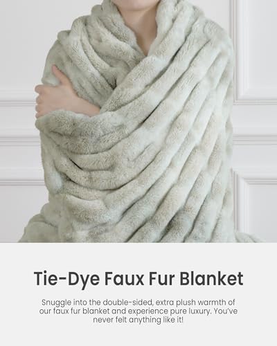 Faux Rabbit Fur Throw Blanket, Ultra Soft Plush Cozy Blanket for Couch Bed, Thick Fluffy Ruched Tie-Dye Decorative Blanket, Giftable,60"x80",Tie-Dye Cream Beige - color: Tie-dye Cream Beige, size: Twin(60"x80")