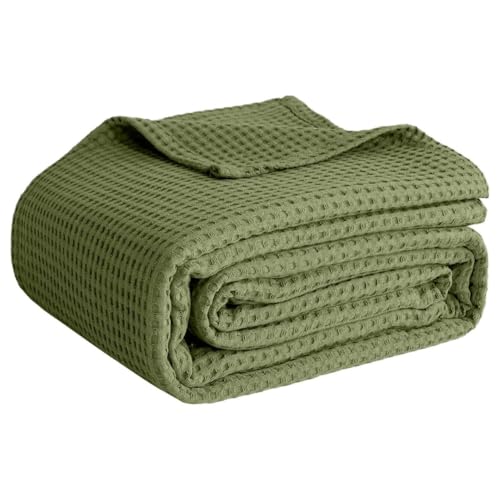100% Cotton Blankets for Bed - Waffle Weave Blankets for Summer, Lightweight and Breathable Soft Woven Blanket for Spring (Olive Green, Twin (60" x 90")) - color: Olive Green, size: Twin (60" x 90")