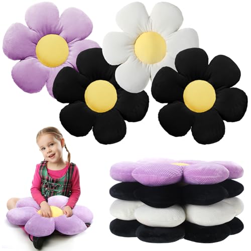 Reginary 4 Pcs Flower Floor Pillows Cute Plush Flower Throw Pillows Daisy Floor Seat Cushion Chair Pads for Back to School First Day of School for Sofa Couch Bed Decor(15 Inch,Black, White, Purple) - color: Black, White, Purple