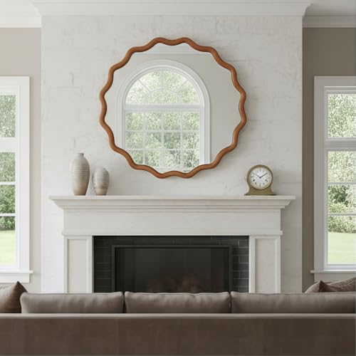 30" Wavy Round Wall Mirror with Solid Wood Frame, Country Irregular Decorative Mirror for Bathroom, Bedroom, Living Room & Entryway, HD Tempered Glass, No Distortion Vanity Mirror (Brown, 30") - color: Brown, size: 30"L x 30"W