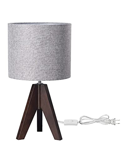 EDISHINE Boho Small Table Lamp, Walnut Color Wooden Tripod Bedside Lamp, Farmhouse Nightstand Lamp for Nursery, Bedroom, Office, Kid Room, Living Room, Grey Linen Lampshade, E26 Socket, 14.2 Inch - style: Modern
