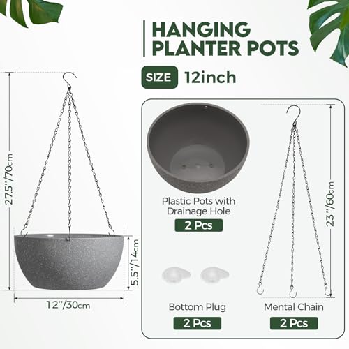 T4U Hanging Planters for Indoor Outdoor Plants 2 Pack - 12 Inch Grey Hanging Plant Basket with Drainage Hole, Round Hanging Flower Plant Pot for Garden Home Decor(Grey) - color: Gray, size: 12 In