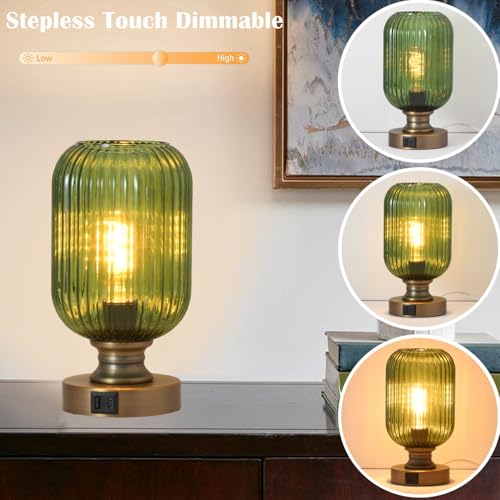Mid Century Glass Table Lamp,Dimmable Desk Lamp,LED Bulb Included,Touch Control & USB A+C Port,Green Ribbed Glass - color: Green Ribbed, size: USB + Touch