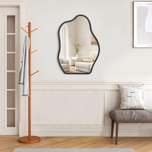Asymmetrical Irregular Mirror for Wall Wooden Framed Hanging Wall Mirror Cloud Modern Unique Bathroom Wall Mirror Decorative Bedroom Living Room Entryway Hallway Artistic Hanging Mirror - color: Dark Golden, size: 26"L x 18"W
