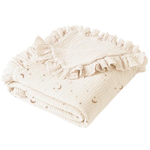 Konssy Flounce Muslin Baby Blanket for Girls Boys, 100% Cotton Soft Crib Swaddle Blankets, Reversible & Breathable Nursery Bedding for Newborns Toddlers, 43 x 39 Inches (Moon) - color: Moon, size: 43"x39"