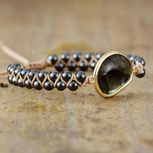 Women Boho Wrap Bracelet,Handmade Natural Stone Crystal Emperor Beads Heart Bracelet, Fashion Bohemian Jewelry Gift for Women - color: Labradorite 2#
