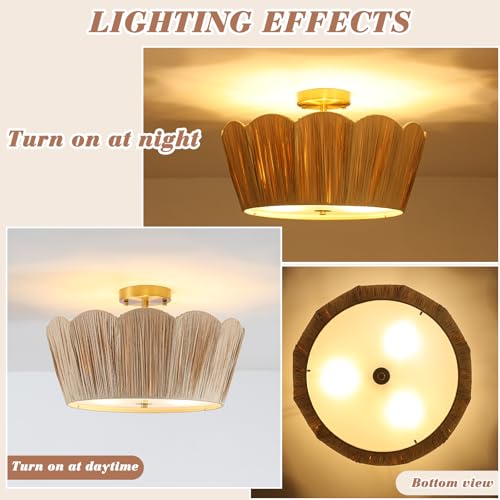 18” Boho Ceiling Light 3-Light Semi Flush Mount Ceiling Light Fixture with Woven Raffia Shade, Boho Light Fixture for Bedroom Kitchen Hallway Entryway - color: Brown