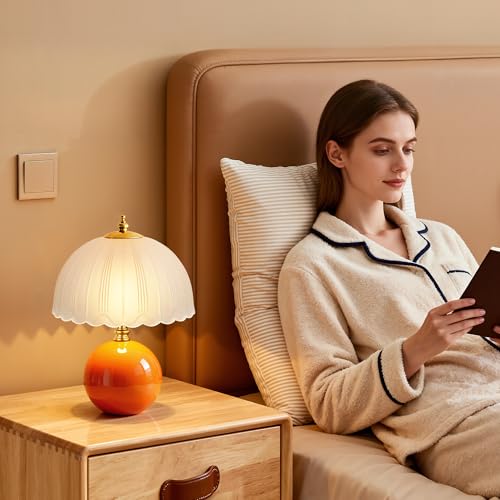 PARTPHONER Mushroom Table Lamp, Ceramic Bedside Lamp with Glass Shade, 3-Way Lighting (2700K-5000K) Rocker Switch, Small Nightstand Lamp for Bedroom, Living Room, Office, Orange - color: Orange
