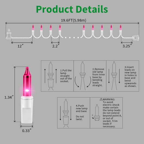 LAMPHOME Pink Christmas Lights Set 100 Count 19.6 Feet Incandescent Bulb Mini String Lights for Indoor Christmas Tree Garland Birthday Wedding Party Festival Decoration, White Wire - color: Pink-White Wire