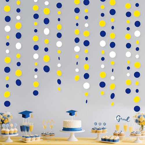 46Ft Navy Blue and Yellow Circle Dots Garland Royal Blue Yellow White Hanging Paper Polka Dot Streamer for Graduation Birthday Wedding Bridal Baby Shower Nautical Ahoy Achor Party Decorations Supplies - color: Blue Yellow