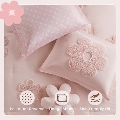 Intelligent Design Kids Queen Comforter Set for Girls, Tufted Chenille Floral Comforter Set Queen, Lightweight Polka Dot Comforter Reversible Bed Set, Sham, Pillow, Gracie, Full/Queen Pink 4 Piece - color: Pink, size: F/Q Comforter
