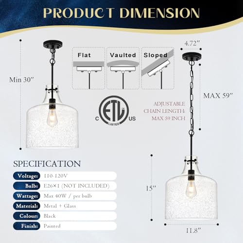 12" Black Seeded Glass Pendant Light, Modern Hand-Blown Bubble Glass Hanging Ceiling Light Fixture for Kitchen Island, Dining Room, Hallway, Farmhouse Entryway, E26 Dimmable Pendant Lighting - color: Chain Black-Seeded Glass