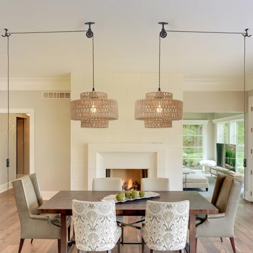 Rattan Plug in Pendant Light Boho Hanging Lights with Plug in Cord,Farmhouse Pulley Pendant Light with On Off Switch for Bedroom Living Room.