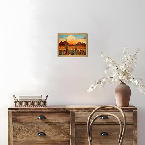 Framed Western Desert Sunset Cactus Wall Art, Vintage Southwest Nature Landscape Canvas Print, Rustic Wall Decor Picture, Boho Mexican Oil Painting for Living Room Bedroom Office bathroom 8x10 Inch - color: Landscape Painting C, size: 10"L x 8"W