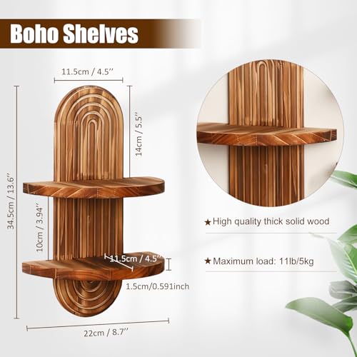 Artilady 2 Pack Shelf Wall Decor Boho Wood Floating Shelves 2 Tier Plant Holder Trinket Storage Rack Rainbow Hanging Decor for Home Bedroom Living Room Office Nursery - color: 2 Dark Brown