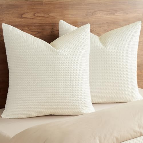 PHF 100% Cotton Waffle Weave Euro Shams 26"X26", No Filling, 2 Pack Elegant Home Decorative Euro Throw Pillow Covers for Bed Couch Sofa,Cream - color: Cream, size: 26" x 26" (Pack of 2)