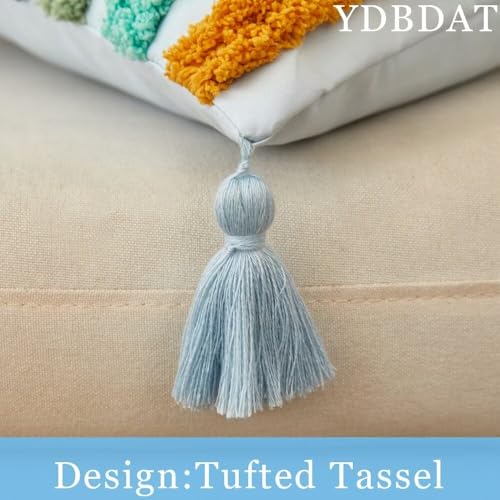 Boho Decorative Rainbow Colorful Throw Pillow Covers 18x18 Farmhouse Tufted Textured Pillow Covers with Tassels Woven Cushion Case for Sofa Bed Living Room Hallowmas Blue x1 - color: Blue, size: 18" x 18" (Pack of 1)