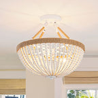 Wood Beaded Mini Chandelier Farmhouse Bohemia Semi Flush Mount Ceiling Light Rustic 3-Light Ceiling Lighting Fixtures for Bedroom Dining Nursery Room Girl Room Hallway, White, Dia 15 Inch