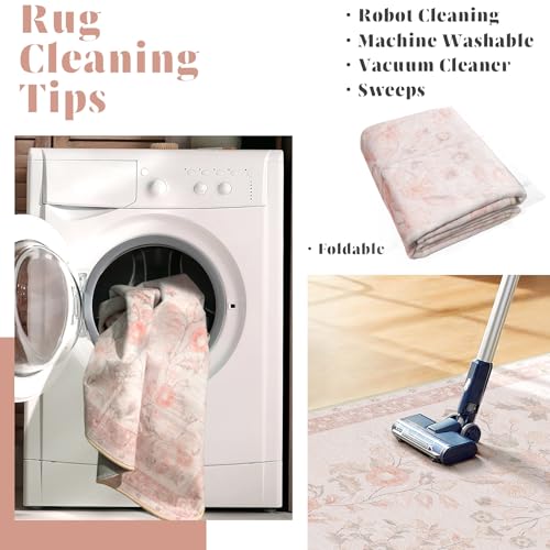 MUJOO 3x5 Rug Washable,Pink Floral Area Rugs for Bedroom Bedside Entryway Living Room Kitchen,Boho Small Indoor Floor Rug Non Slip Throw Carpet Low Pile Vintage - color: Pink, size: 3' x 5' (Rectangular)