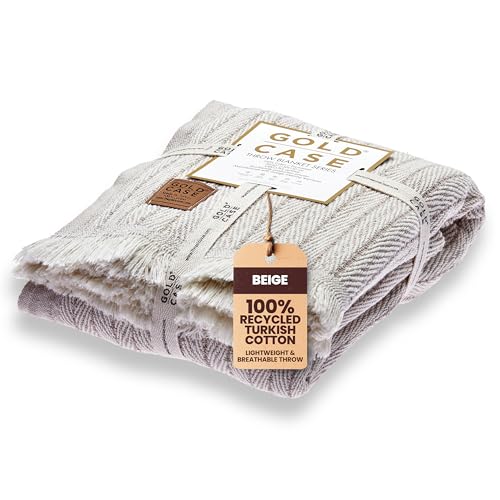 Gold Case Throw Blanket for Couch - 100% Recycled Turkish Cotton Blankets & Throws - Vintage Soft Throw Blankets for Living Room - Boho Decorative Woven Couch Blanket - 50x60 - Beige - color: Vintage Beige, size: 50x60"