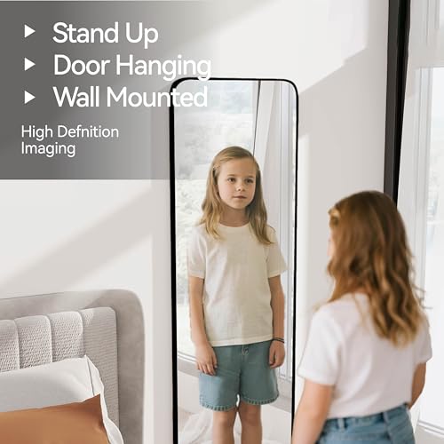 SCWF-GZ 57x20 Full Length Mirror Over The Door Hanging, Floor Stand/Wall Mounted Aluminum Alloy Frame Dressing Mirror for Bedroom Living Room 57 inch Black - color: Black, size: 57"L x 20"W