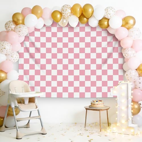 HVEST Pink Tapestry Pink Checkered Pattern Wall Tapestry for Bedroom Living Room Checkered Backdrop Birthday Party Backdrop Decor, 70.9L x 92.5W Inches - color: Pink, size: 70.9"L x 92.5"W